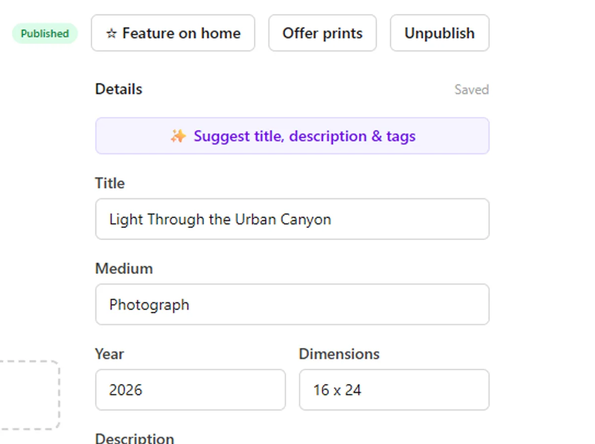 The AI studio assistant drafting an artwork description, next to a branded email campaign ready to send.