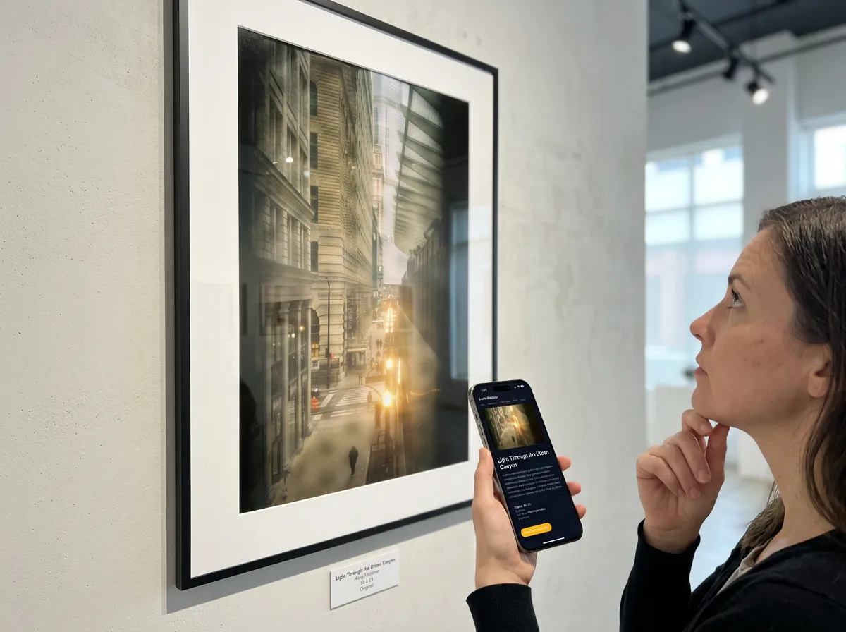 The consignments view — a piece on loan to a gallery with its commission split — and the storefront's “On display at” badge.