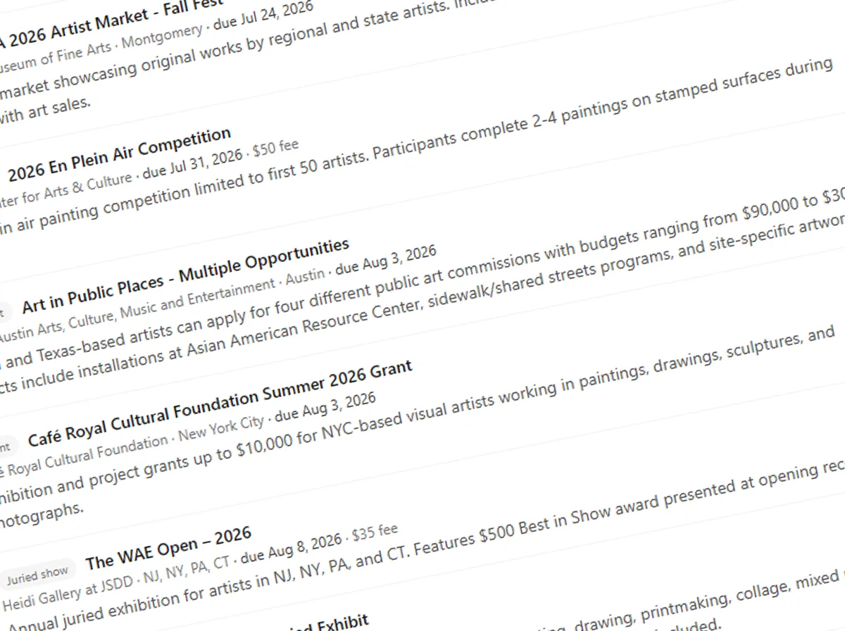 The opportunities board of open calls and shows, with one tracked through a pipeline and a deadline reminder.