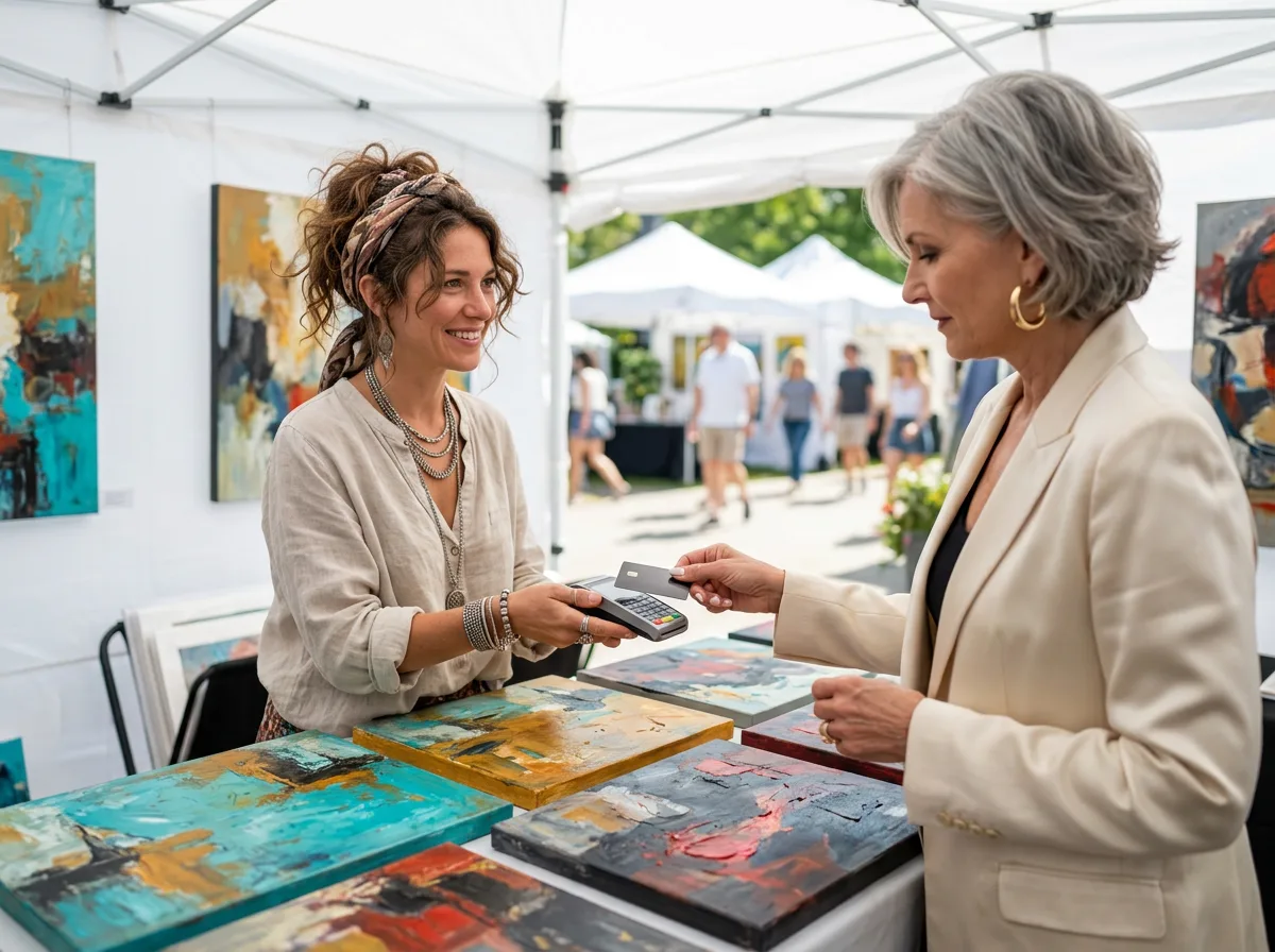 Selling in person at an art fair with a Square reader, alongside online checkout on the artist's site.